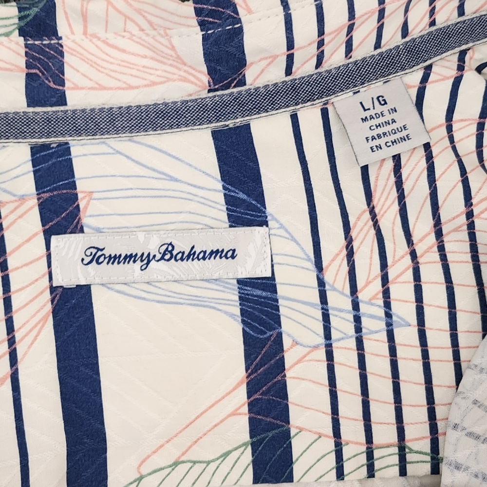 TOMMY BAHAMA 100% Silk Striped Leaf Print Button Up Shirt Cream Multi  S… - Picture 11 of 15